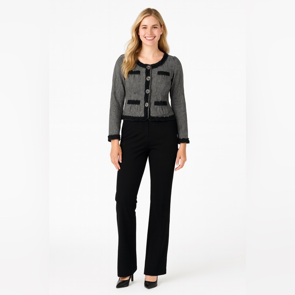 Nick & Mo Boutique Wool Blend Ruffle Trim Tweed Jacket Gray Black S